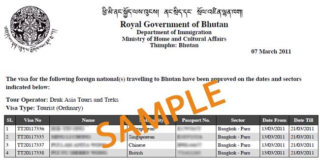 Sample of Bhutan Visa for Travllers